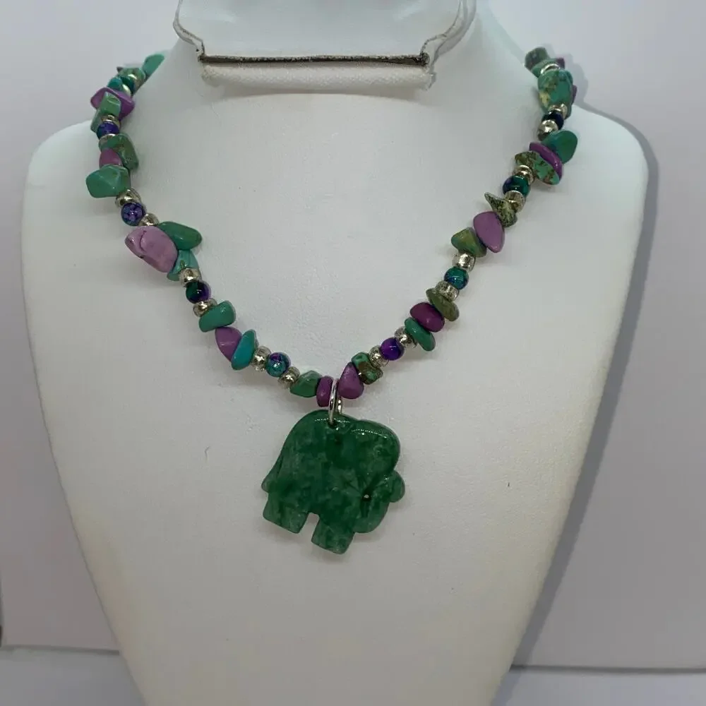 Girls Handmade Rock Beaded Green Elephant Necklace